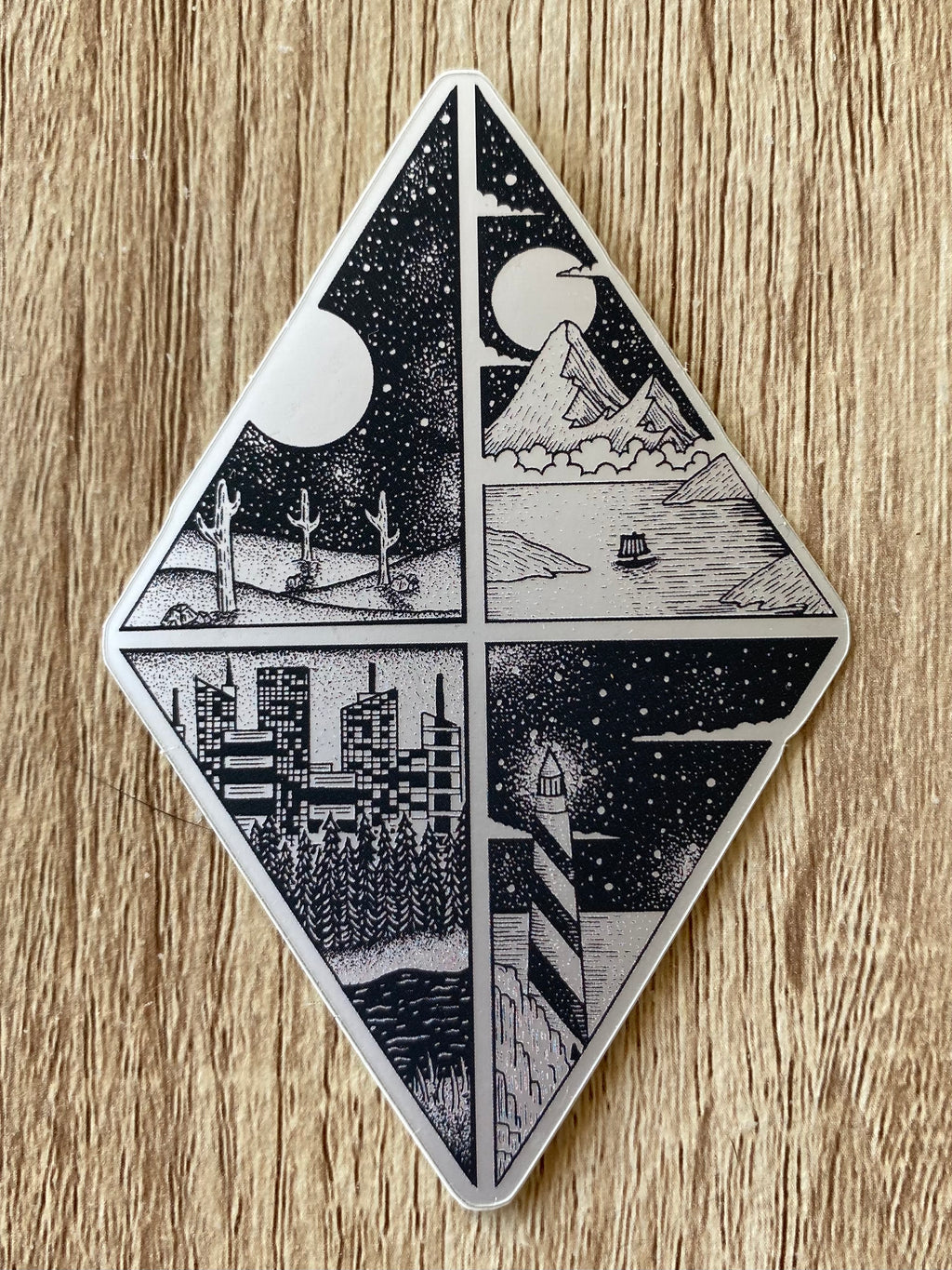 Metal sticker "Desert, mountain, city and lighthouse" 6x9 cm