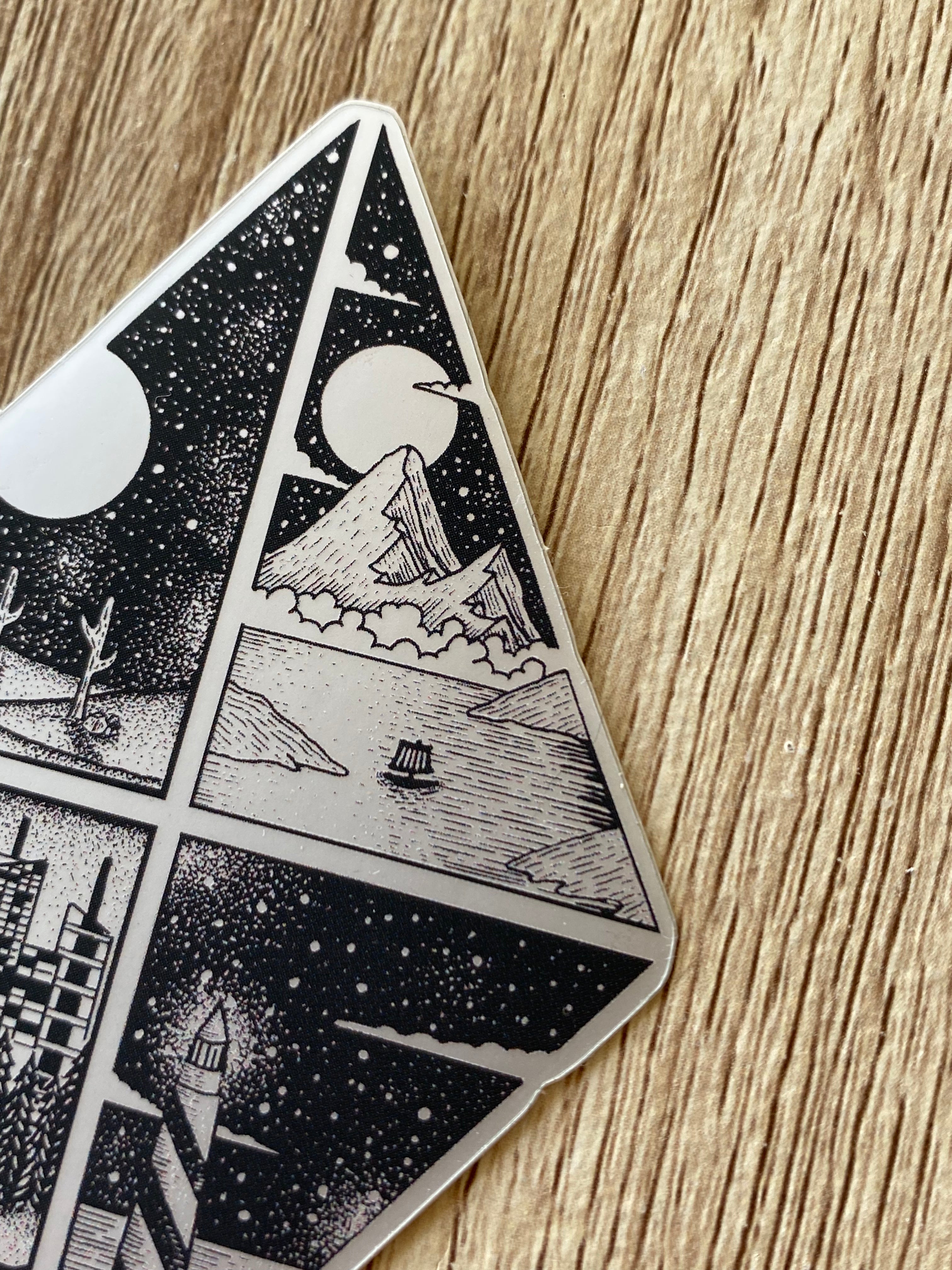 Metal sticker "Desert, mountain, city and lighthouse" 6x9 cm