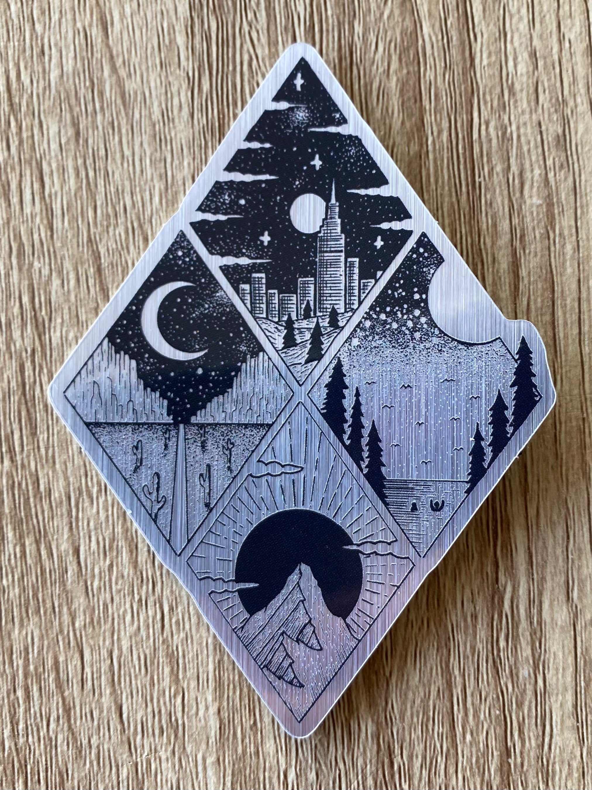 Metal sticker "Diamond city, desert, lake and mountain" 6,5x9 cm