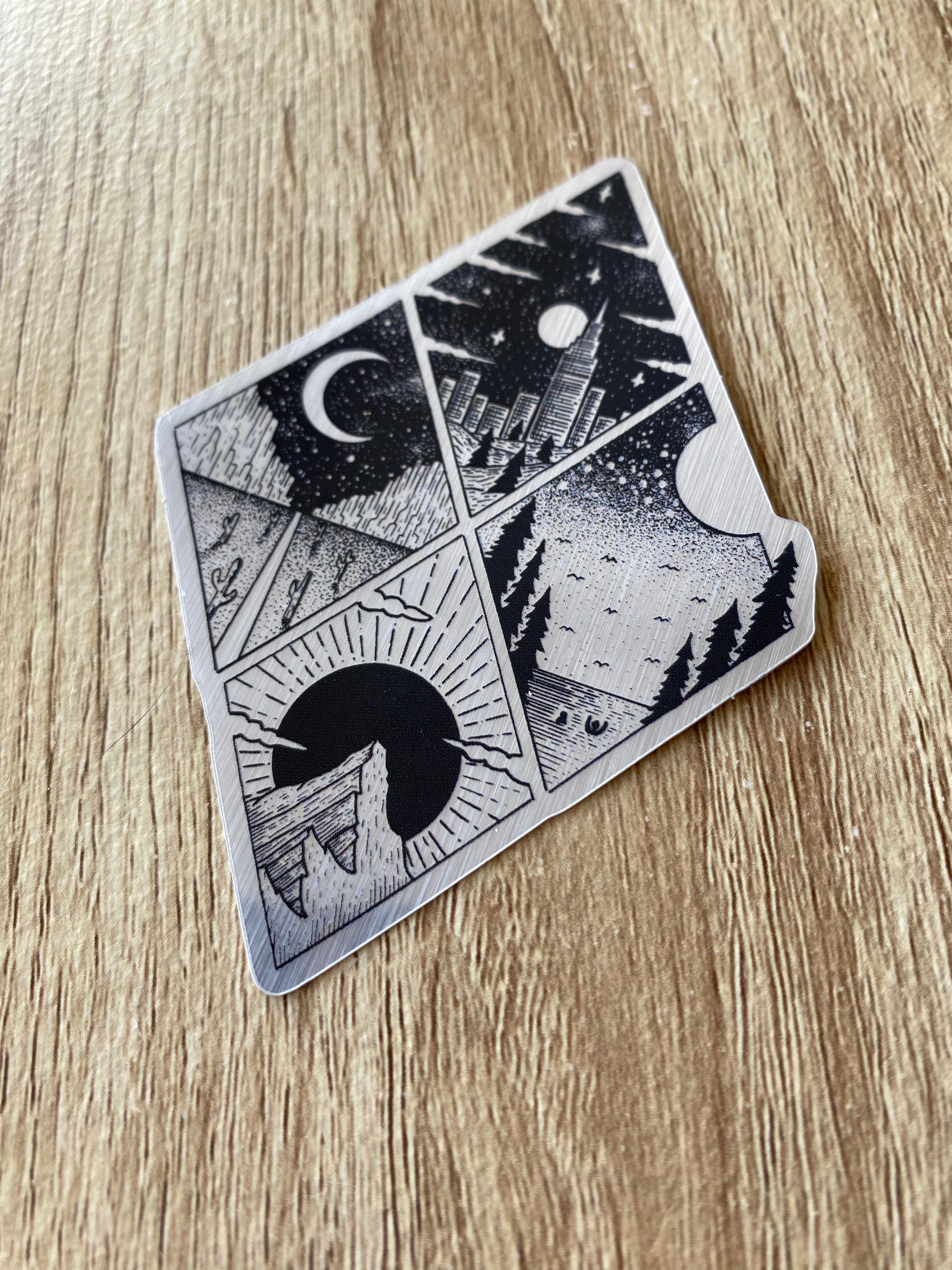 Metal sticker "Diamond city, desert, lake and mountain" 6,5x9 cm